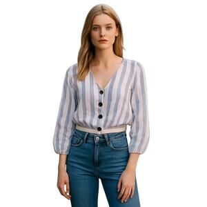 Kaii Women's Y2K Top Vertical Striped‎ V-Neck Cropped Top Puff Sleeve Tieback XL